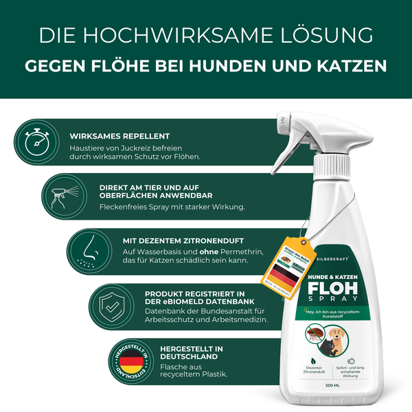 Silberkraft Flohspray für Hunde und Katzen 500 ml, Repellent mit starker Wirkung, Anwendung bei akutem Befall, Flöhe aus dem Fell fernhalten, Made in Germany