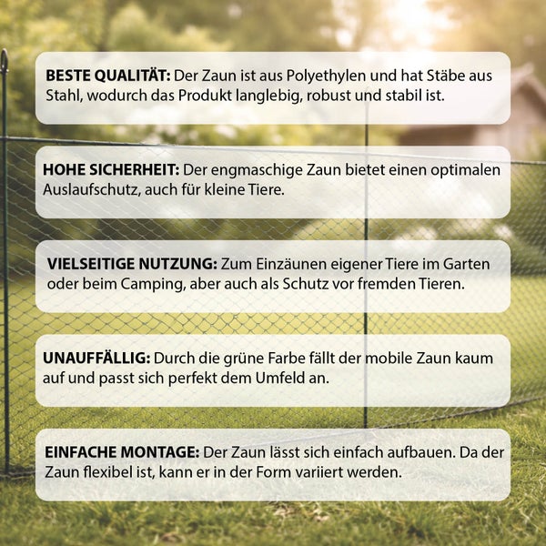 Mobiler Tierzaun aus Polyethylen mit Stahlstangen fuer den Garten, robust und einfach zu montieren.