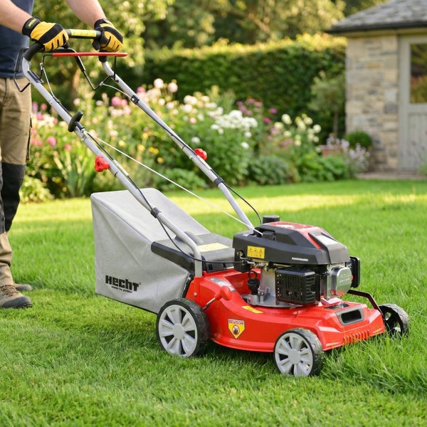 Benzinrasenmäher im Einsatz auf einer Rasenfläche