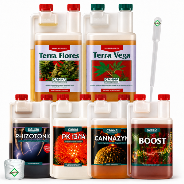 Set mit Canna Pflanzennährstoffen und Düngern inklusive Messbecher und Pipette für Wachstum und Blüte