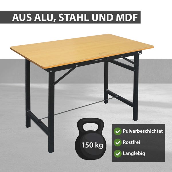 Werktisch aus Aluminium, Stahl und MDF mit einer Tragkraft von einhundertfünfzig Kilogramm, pulverbeschichtet, rostfrei und langlebig.