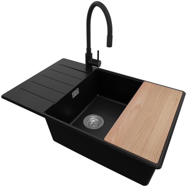 PRIMAGRAN Granitspüle Schwarz 78x50cm, Spülbecken 1 Becken + Küchenarmatur 40x38cm + Ablauf-Set + Schneidebrett, Küchenspüle ab 60er Unterschrank - Kopenhagen