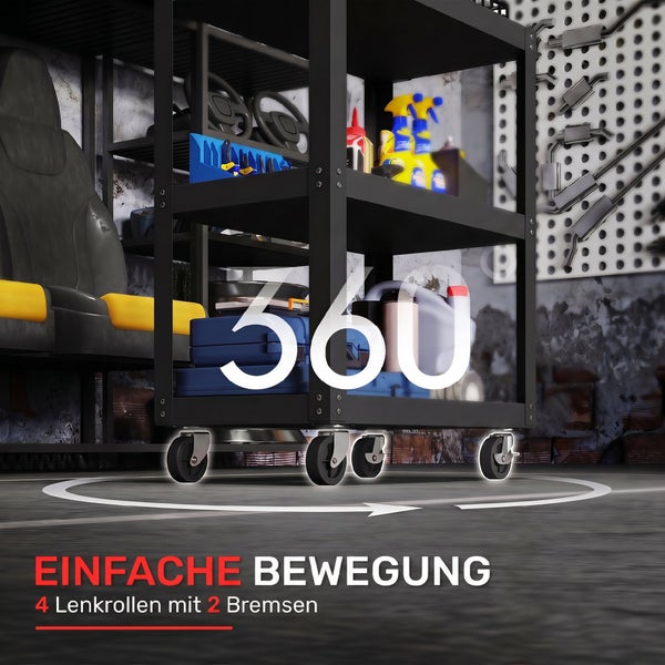 Werkstattwagen mit vier Lenkrollen und zwei Bremsen für einfache Bewegung in einer Werkstattumgebung.