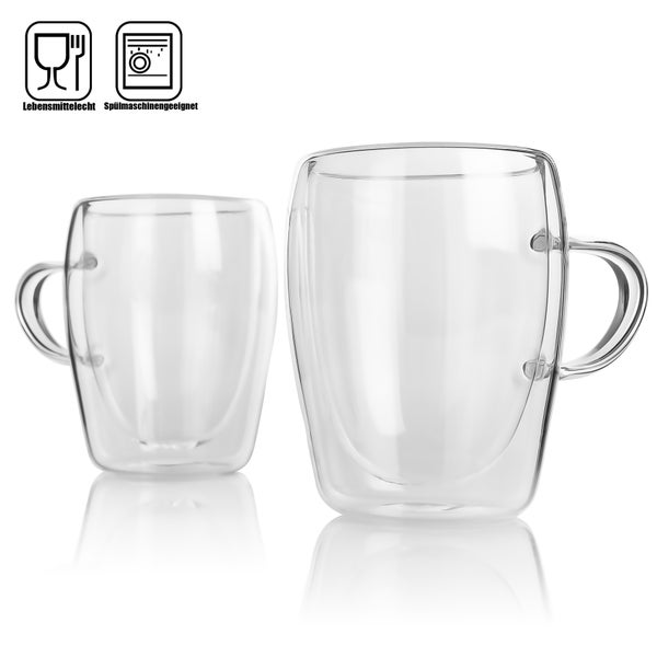 Zwei doppelwandige Glastassen mit Henkel, lebensmittelecht und spülmaschinengeeignet.