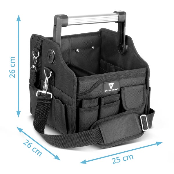 Schwarze Werkzeugtasche mit Tragegriff und Schultergurt, Abmessungen 26 x 26 x 25 cm, STAHLWERK Logo