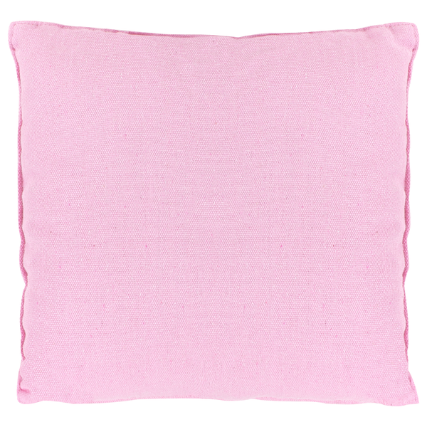 Quadratisches rosa Dekokissen mit fühlbarer Webstruktur.