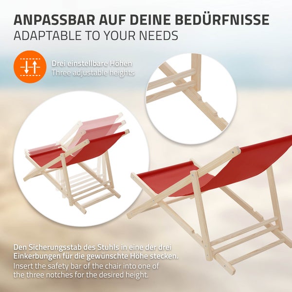 Hölzerner Liegestuhl mit roter Bespannung, der über drei Einkerbungen im Rahmen in der Höhe verstellbar ist.