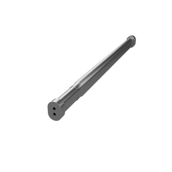 Eine zylindrische Metallstange mit zwei Bohrungen am vorderen Ende, als Komponente für Möbel oder Vorhangstangen.