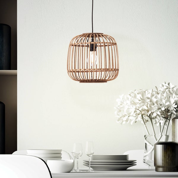 Pendelleuchte mit Rattan Lampenschirm oder Hängelampe 'Die Natürliche', Deckenlampe aus Holz, Bambus, Boho Lampe, Korblampe, Gitteroptik fürs Wohnzimmer und Schlafzimmer