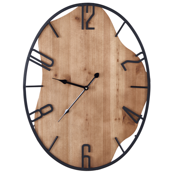Ovale Wanduhr aus Holz mit schwarzem Metallrahmen, Ziffernblatt mit arabischen Zahlen, modernes Design.