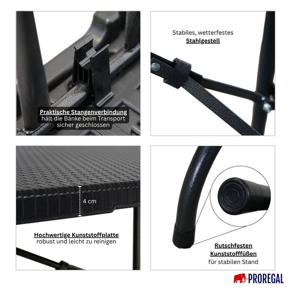 Detailansichten einer Bierbankgarnitur mit Stahlgestell, Kunststoffplatte und rutschfesten Füßen