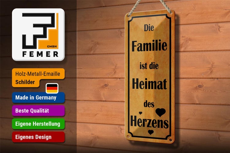 Blechschild Spruch 10x27cm Familie ist Heimat des Herzens Dekoration
