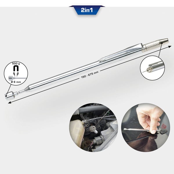2-in-1 Inspektionswerkzeug mit Magnet und LED-Licht, ausziehbar von 150 bis 675 mm, Magnet mit 500 g Tragkraft