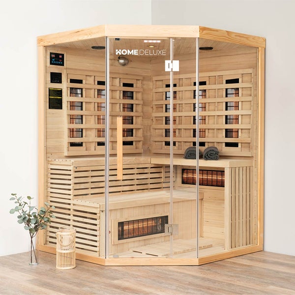 Home Deluxe – Infrarotkabine SAHARA XXL – 150 x 150 x 200 cm - für 2 - 3 Personen, 8 Vollspektrumstrahler, Holz: Hemlocktanne I Infrarotsauna, Sauna, Wärmekabine, Infrarot