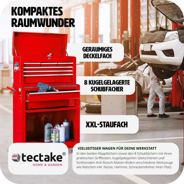 Werkzeugwagen tectake  Rollen Ø 100 mm 8 kugelgelagerte Schubladen mit Antirutschmatten rot