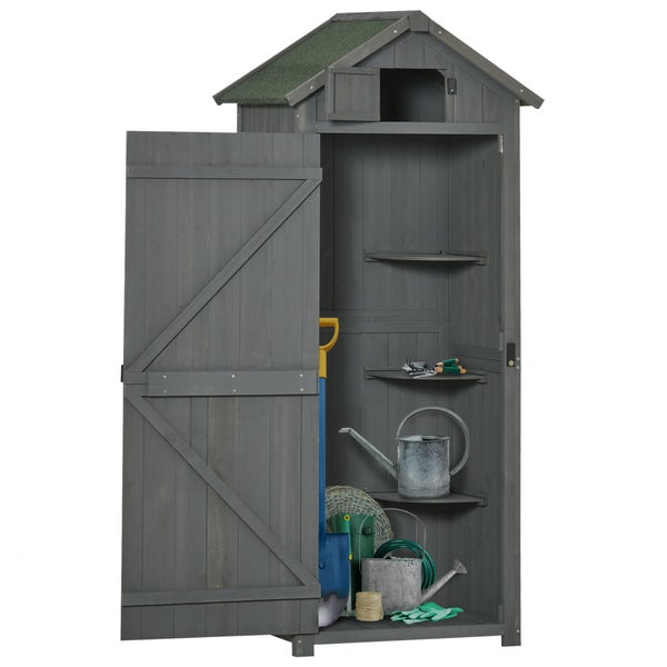 Grauer Gartenschrank aus Holz mit geöffneter Tür und Gartenwerkzeugen