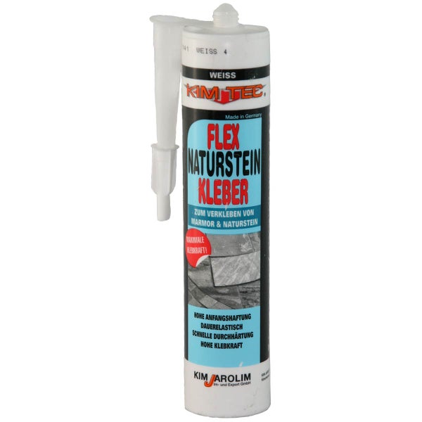 Kim-Tec Flex Naturstein Kleber weiß in der Kartusche für Marmor und Naturstein.