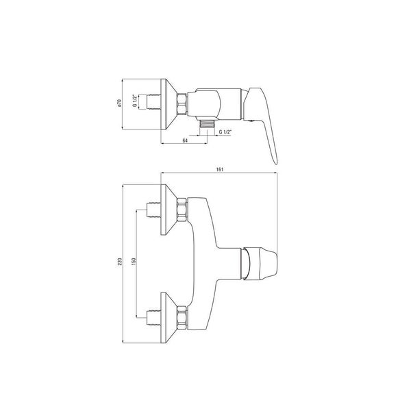 Technische Zeichnung einer Armatur mit Maßangaben
