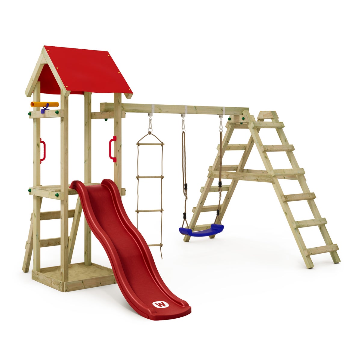 WICKEY Spielturm Klettergerüst TinyLoft mit Schaukel und Rutsche, Kletterturm mit Sandkasten, Leiter und Spiel-Zubehör - rot