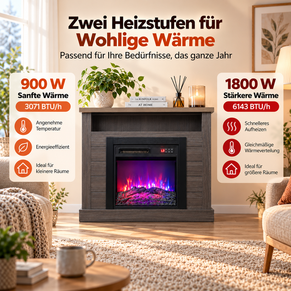 Elektrischer Kamin mit Holzoptik Verkleidung und zwei Heizstufen von 900 Watt und 1800 Watt für effiziente und regelbare Raumwärme im Wohnbereich.