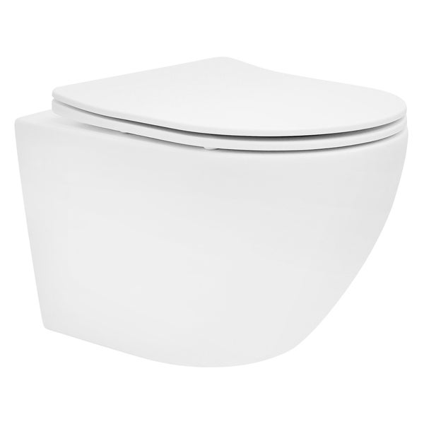 ECD Germany Spülrandloses Hänge WC weiß matt mit abnehmbaren WC-Sitz aus Duroplast Softclose Absenkautomatik, Wand-WC Tiefspüler kurze Ausladung 49cm, Design Toilette aus Sanitärkeramik, Tiefspül-WC