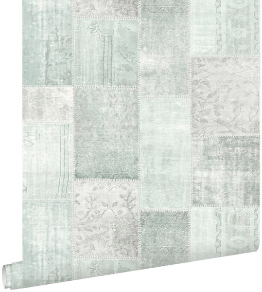 ESTAhome Tapete orientalisches-Marrakech Kelim-Patchwork Pastell Mintgrün - 53 cm x 10,05 m - 148650