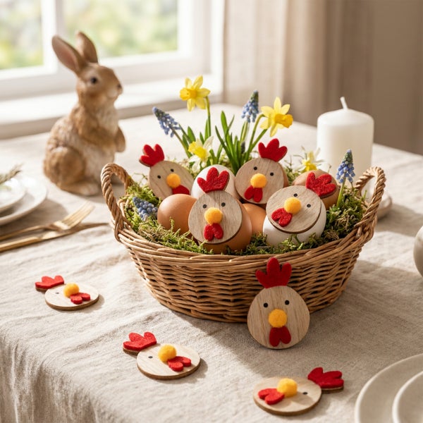 Osterdekoration bestehend aus einem Weidenkorb mit Eiern, geschmückt mit hölzernen Hühnerköpfen, Frühlingsblumen und einer Osterhasenfigur.