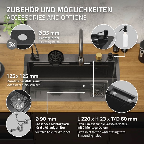ML-Design Spülbecken Edelstahl 75x46 cm Anthrazit, Multifunktionale Küchenspüle rechteckig, Wasserfall Edelstahlspüle, Einbauspüle mit ausziehbarem Wasserhahn und anderem Zubehör, 1 Becken Waschbecken