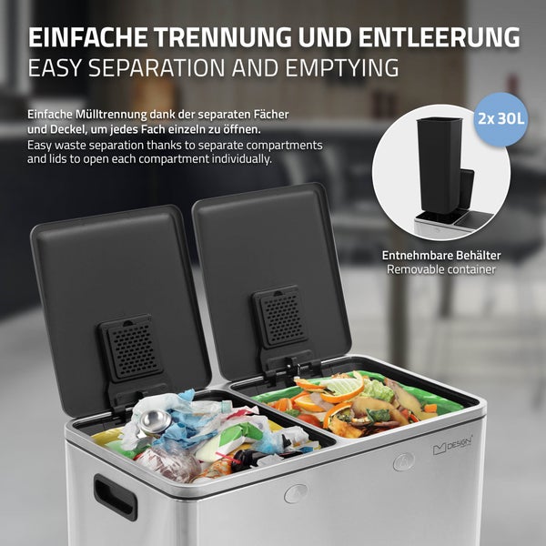 ML-Design Mülleimer Küche 2x30L (60L), Silber, Mülltrennsystem 2 Fächer, Treteimer zur Mülltrennung, Abfalleimer aus Edelstahl, herausnehmbarer Kunststoff Inneneimer, Klappdeckel, Softclose, luftdicht