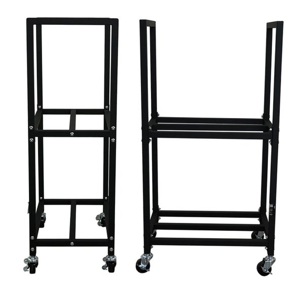 Zwei schwarze mobile Ständer für Pflanzbehälter.