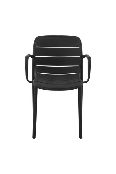 Gartenstuhl mit Armlehnen, Kunststoff, schwarz, Lamellendesign.