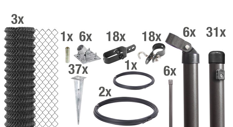 Komplettes Maschendrahtzaun Set mit Zaunrollen, Pfosten, Bodenhülsen, Drahtspanner, Spanndraht und Befestigungsmaterial zur Zaunmontage