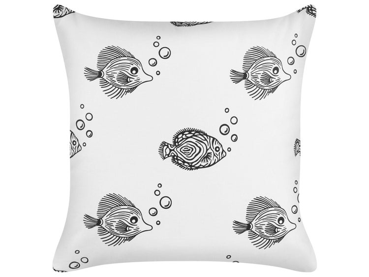 Quadratisches Dekokissen mit einem Muster aus Fischen und Luftblasen.