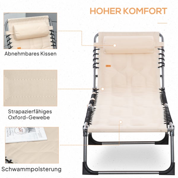 Outsunny Sonnenliege, klappbar Gartenliege mit Kopfkissen, Seitentasche, Liegestuhl mit 5-Fach verstellbare Rückenlehne, wetterfeste Campingliege bis 130 kg belastbar, für Garten Strand Pool, Beige