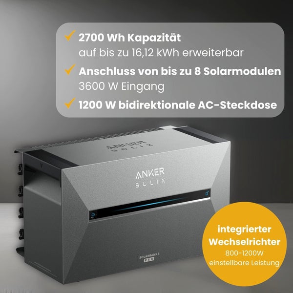 Anker SOLIX Solarbank 3 Pro, 2700 Wattstunden, erweiterbar auf 16,12 Kilowattstunden. Anschluss für 8 Module, 3600 Watt, integrierter Wechselrichter.