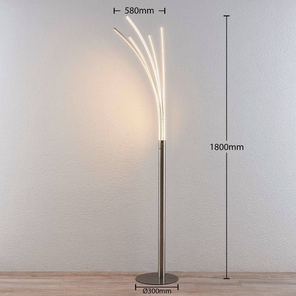 Moderne LED Stehleuchte mit fünf gebogenen Lichtarmen, Höhe 1800 Millimeter, Sockeldurchmesser 300 Millimeter, Breite 580 Millimeter.