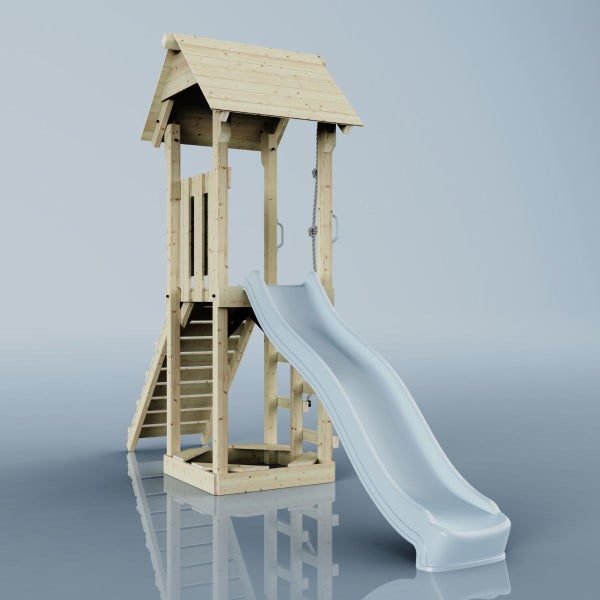 Spielturm mit Rutsche, Leiter und Kletterseil aus Holz