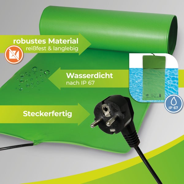 Grüne, flexible Heizmatte aus robustem, reißfestem Material. Wasserdicht nach Schutzart 67 und steckerfertig mit Netzkabel und Stecker.