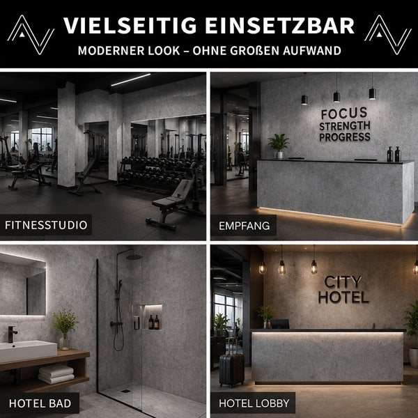 Vier Anwendungsbeispiele für Wandverkleidungen in Fitnessstudio, Empfangsbereich, Hotelbad und Hotellobby mit modernem Design.