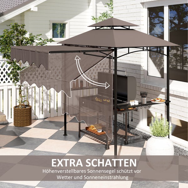 Grillpavillon auf einer Terrasse mit höhenverstellbarem Seitenteil für zusätzlichen Sonnenschutz.