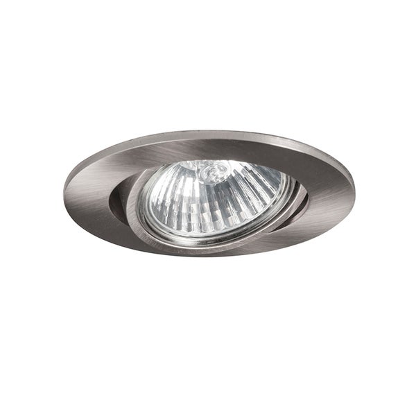Einbaustrahler rund schwenkbar aus gebürstetem Metall mit sichtbarem Leuchtmittel.