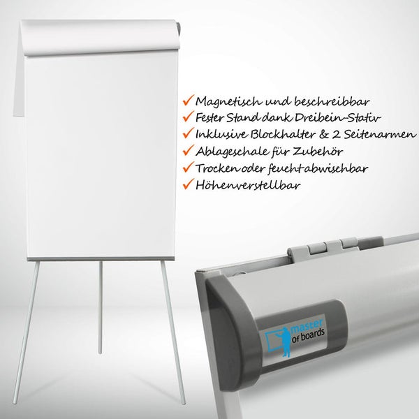 Flipchart auf Dreibein-Stativ, magnetische und beschreibbare Oberfläche, höhenverstellbar, inklusive Blockhalter. Master of Boards Logo.