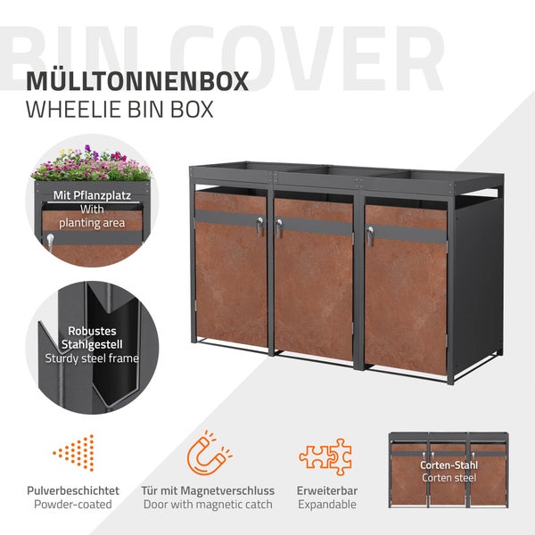 Dreiteilige Mülltonnenbox mit Cortenstahl-Fronten, pulverbeschichtetem Stahlrahmen, integriertem Pflanzdach und Türen mit Magnetverschluss.