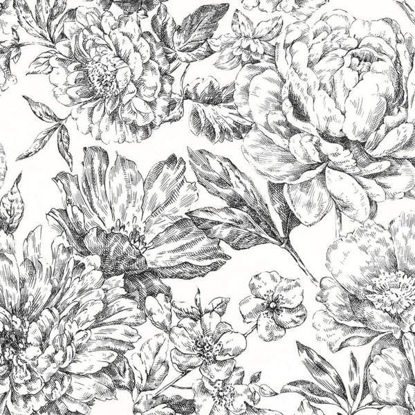 Schwarz-weißes florales Tapetenmuster mit Pfingstrosen und Blättern