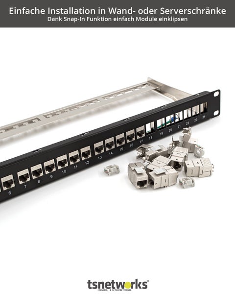 24 Port Patchpanel 1HE 19 Zoll inkl. 24x Cat. 8.1 Keystone Modul RJ45 Buchse 40Gbits STP vollgeschirmt für AWG22-24 Verlegekabel Cat. 7a, Cat. 7, Cat. 6, Cat. 6a Netzwerk Patchfeld Set