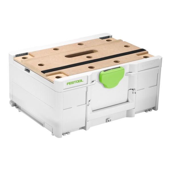 Festool Systainer3 Werkzeugkoffer mit hölzerner Arbeitsplatte auf dem Deckel und T-Loc Verschluss.