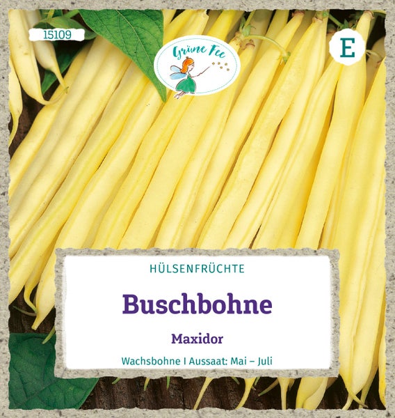 Buschbohne Maxidor, gelbe Wachsbohne, Grüne Fee Logo.