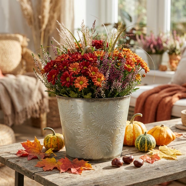 Herbstliche Blumendekoration mit Chrysanthemen und Heidekraut in einem Pflanzkübel mit Ahornblattmuster auf einem Holztisch mit Zierkürbissen.