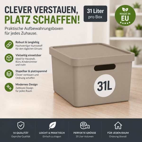 Aufbewahrungsbox aus Kunststoff mit 31 Liter Volumen, stapelbar und vielseitig einsetzbar für Haushalt und Büro, Made in European Union.
