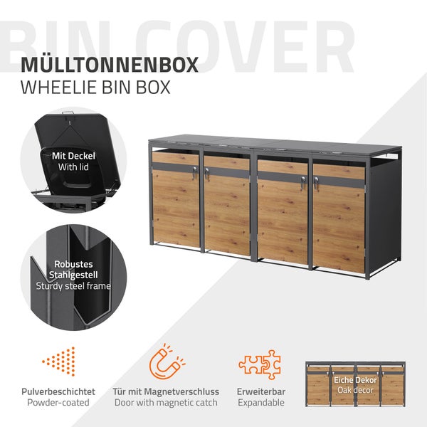 Mülltonnenbox für vier Tonnen mit robustem Stahlgestell und Türen in Eiche Dekor. Inklusive Deckel, Magnetverschluss, pulverbeschichtet und erweiterbar.